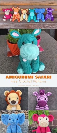 there are many stuffed animals in different colors and sizes on this page with the title, amigurum safari free crochet patterns