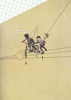 two children are riding on a bicycle with an arrow pointing to the right and another drawing above them