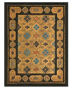 a rug with an intricate design on the front and sides, in gold and black