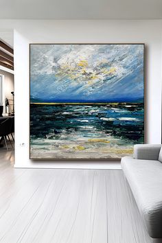 Original handmade seascape painting featuring vibrant ocean sunset with blues and yellows reflecting on water Sunset Seascape, Seascapes Art, Coastal Charm, Ocean Sunset, Seascape Paintings, Coastal Decor, Bring It On, In This Moment