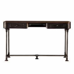 an antique style desk with two drawers on one side and metal legs, against a white background