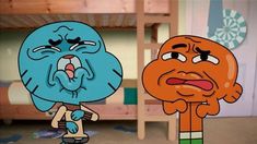 two cartoon characters standing next to each other in a room with bunk beds and furniture