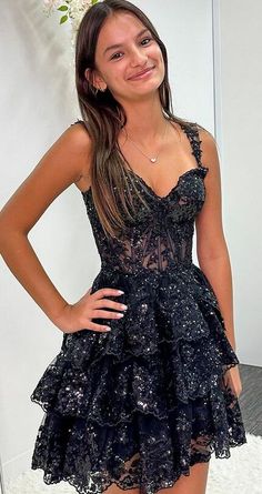 # DTH200 * DESCRIPTION Tulle sequins a-line short dress with sheer corset bodice and ruffle skirt * ATTRIBUTES Short A-line Lace Beading, Hoco Dress, Stunning Prom Dresses, Looks Party, Corset Bodice