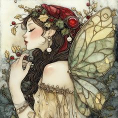 a painting of a woman with a butterfly wings on her head, and berries in her hair