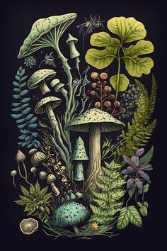 an illustration of mushrooms, ferns and other plants on a black background with green leaves