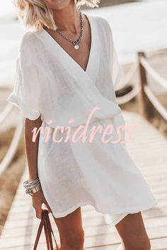 Chic Short Sleeve Linen Beach Dress, Casual Belted Mini Dress For The Beach, Chic Belted Mini Dress For Vacation, Belted Mini Dress For Summer Daywear, Belted Mini Dress For The Beach, Belted V-neck Mini Dress For The Beach, Belted Mini Dress For Beach, Belted Mini Dress For Summer Beach, Chic Summer Belted Linen Dress