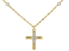 Moissanite Fire® .28ctw diamond equivalent weight round brilliant, 14k yellow gold over sterling silver cross necklace. Platineve settings. Measures 18" L x 1/8" W. Singapore chain has a lobster clap with 2 inch extender. Actual moissanite weight is .26ctw. Yellow Gold Cross Diamond Necklace With Cubic Zirconia, Yellow Gold Cubic Zirconia Cross Diamond Necklace, Yellow Gold Cross Diamond Necklace With Diamond Accents, Gold Cross Diamond Necklace With Vvs Clarity, Yellow Gold Cross Diamond Necklace With Accents, Gold Cross Necklace With Diamond Accents For Anniversary, Cross-shaped Yellow Gold Diamond Necklace, Gold Cross Necklace With Diamond Accents, Gold Diamond Crucifix Necklace With Accents