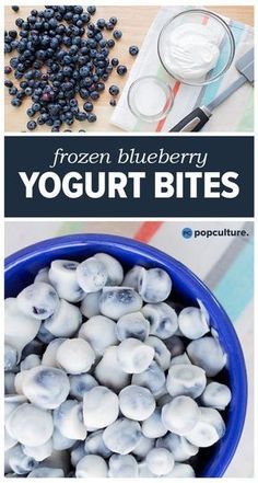 frozen blueberry yogurt bites are in a bowl with spoons and other ingredients