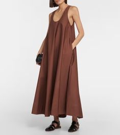 Cotton and silk midi dress in brown - CO | Mytheresa Relaxed Fit Sundress Midi Dress, Relaxed Fit Sundress Midi Dress Unlined, Relaxed Fit Unlined Midi Sundress, Elegant Cotton Midi Dress Unlined, Elegant Unlined Cotton Midi Dress, Unlined Cotton Sundress Midi Dress, Unlined Cotton Midi Sundress, Cotton Unlined Midi Dress For Daywear, Chic Unlined Linen Daywear Dress