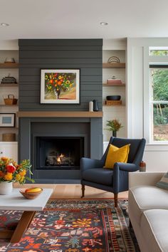 a living room filled with furniture and a fire place next to a wall mounted tv