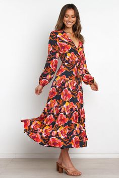 Balsa Dress - Navy Floral - Petal & Pup USA Fall V-neck Belted Maxi Dress, Flowy Long Sleeve Belted Dresses, Belted V-neck Maxi Dress For Fall, Fall Belted V-neck Maxi Dress, Flowy Long Sleeve Belted Maxi Dress, Maxi Length Dresses With Elastic Waistband For Brunch, Flowy Long Sleeve Dress With Tie Waist, Maxi Dress With Elastic Waistband For Brunch, Brunch Maxi Dress With Elastic Waistband