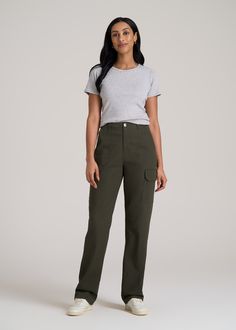 About Our Straight Leg Cargo Chino Pants for Tall Women The style and utility of a cargo pant meets an extra-long inseam on these chinos for tall women. Designed specifically for ladies from 5’9 to 6’6, they have a high rise and a straight leg that creates a modern, flattering fit. These women’s tall pants are made with stretch-infused cotton that’s been pre-washed and shrinkage controlled to make sure the silhouette stays perfect. Store everything you need for a day on the go with plenty of poc Workwear Full-length Cargo Pants With Side Pockets, Cotton Full-length Cargo Pants For Work, Utility Cargo Pants For Work, Fitted Cargo Pants With Cargo Pockets For Workwear, Utility Full-length Cargo Pants For Work, Utility Full Length Parachute Pants For Work, Khaki Cargo Pants For Work, Workwear Chinos With Side Pockets, Utility Pants With Flap Pockets