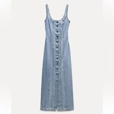 New With Tag Zara S/S 2024 Collection Round Neck Tank Style Dress. Washed Effect. Front Metal Button Closure. Color Mid-Blue | 6147/122 Outer Shell 94% Polyester 6% Elastane Lining 100% Polyester Which Has At Least: Outer Shell 94% Rcs-Certified Recycled Polyester Certified Materials Rcs Certified Recycled Polyester Spring Button-up Dress With Snap Buttons, Button-up Denim Midi Dress With Buttons, Washed Blue Cotton Dress With Button Closure, Blue Denim Buttoned Midi Dress, Daywear Denim Dress With Button Closure, Casual Midi Denim Dress With Button Closure, Blue Denim Midi Dress With Buttons, Cotton Summer Dress With Snap Buttons, Denim Midi Dress With Button Closure For Casual Wear