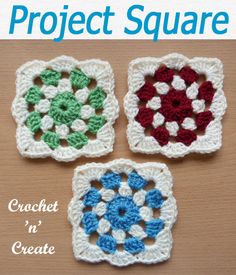 three crocheted coasters with the words project square written in blue, red and green