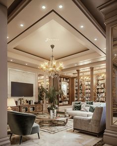 a living room filled with lots of furniture and a chandelier hanging from the ceiling