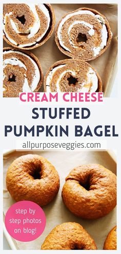 an image of baked cream cheese stuffed pumpkin bagel on a baking sheet with text overlay