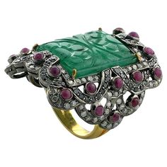 18KT:1.47g,D:2.24ct,SI:7.37g EMER:14.35ct,RUBY:2ct, Size: 23x17x33MM 18kt Gold Jewelry, Carved Emerald, Handmade Wedding Rings, Modern Jewellery Design, Wholesale Silver Jewelry, Pave Diamond Ring, Gold Cocktail Ring, Diamond Cocktail Rings, Ring Stone