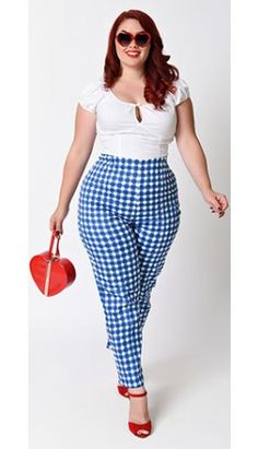 Collectif Plus Size Blue Painted Gingham Bonnie High Waist Cigarette Pants Vintage Pinups, Glamour Ghoul, Rockabilly Girls, 50s Outfits, Fantastic Fashion, Lilli Ann, 1950s Outfits