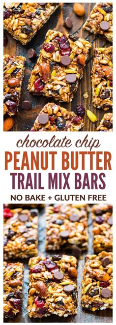 chocolate chip peanut butter trail mix bars on a table with text overlay that reads, chocolate chip peanut butter trail mix bars no bake + gluten free