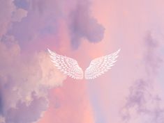 an angel wing is flying through the sky with clouds in the background and pink hues