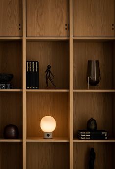 a wooden shelf with books and other items on it, along with a small lamp