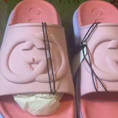 Beautiful Comfortable Gucci Slides Trendy Pink Slip-on Sandals, Gucci Pink Open Toe Sandals, Pink Gucci Slip-on Sandals, Pink Low-top Synthetic Sandals, Pink Low-top Sandals For Spring, Pink Spring Sandals, Pink Synthetic Sandals With Branded Insole, Trendy Pink Gucci Sandals, Gucci Casual Pink Sandals