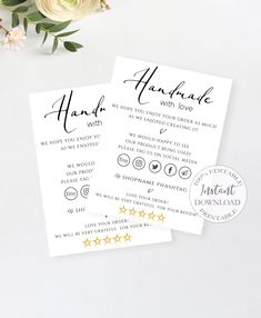 two white wedding cards with gold foil stars and the words handmade are next to each other