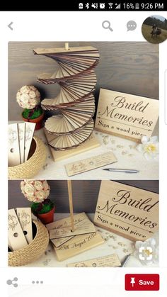 two pictures of wooden signs with flowers in them and the words build memories written on them