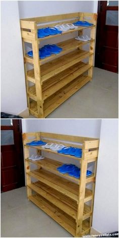 two pictures of the same shelf with blue plates on top and bottom shelves below them