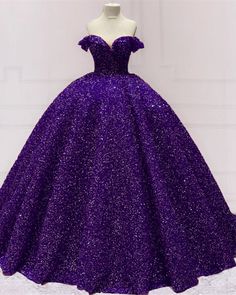 Ball Gown Sparkly Dresses Off The Shoulder Royal Purple Ball Gown, Ball Gown Black, Purple Ball Gown, Purple Quinceanera Dresses, Blue Green Dress, Sparkly Dresses, Off Shoulder Neckline, Dresses Off The Shoulder, Ball Gown Dress