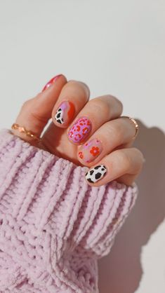 Cute Mix Match Nail Art Set | Red Purple | Animal Print Cow Print | Negative Space | Daisies Flower Fun Unique Nails, Donut Nails Design, Each Nail Different Design, Nails Cow Print, Printed Nails, Design Nails Art, Short Nail Design, Mix Match Nails