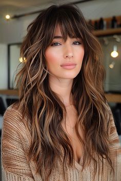 Gorgeous Long Haircuts with Bangs for 2024 Medium Length Frizzy Hair, Layered Hair With Balayage, Wavy Hair Women Haircut, Long Hair With Crown Layers, Dark Brown Underneath Hair, Boho Fringe Hair, Long Hair With Bangs Highlights, Long Brown Hair With Layers And Bangs, Long Hairstyles With Highlights