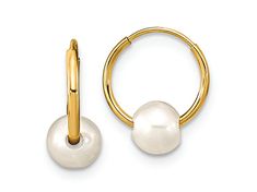 14k yellow gold children's 5-6mm white round freshwater cultured pearl endless hoop earrings with polished finish. Measures approximately 7/16"L x 3/8"W and have hidden wire and catch closures. Hide Wires, Pearl Hoop Earrings, Bezel Setting, Fresh Water, Hoop Earrings, Yellow Gold, Yellow, Gold, White