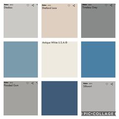 several shades of blue and gray with the names of different colors on them, including one in