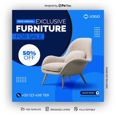 an advertisement for furniture sale with a chair on the front and blue back ground, it is