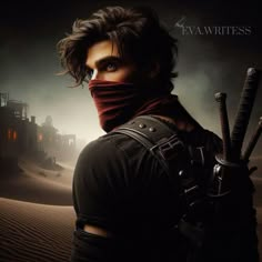 a man wearing a bandana and holding two swords in front of a desert background