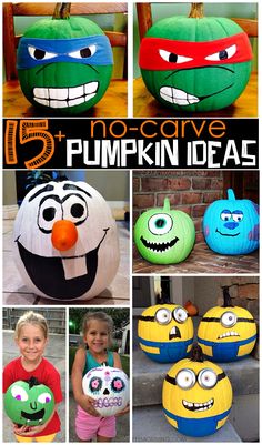 pumpkins with different faces and words that say 5 no - carve pumpkin ideas