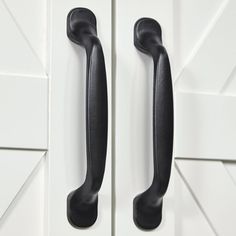 a black door handle on a white cabinet