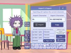 an animated character standing in front of a computer screen with information about the characters and their names