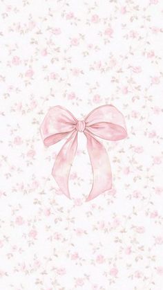 a pink bow on top of a white wallpaper with flowers and leaves in the background