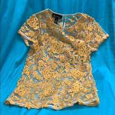 I.N.C. International Concepts Sheer Tee With Yellow/Gold Eyelash Embroidery, Never Worn , Top To Bottom 25”, Bust 32”, Not A Lot Of Stretch Gold Short Sleeve Top For Summer, Spring Yellow Blouse With Floral Embroidery, Yellow Floral Embroidered Blouse For Spring, Yellow Blouse With Floral Embroidery For Spring, Summer Embroidered Gold Tops, Embroidered Gold Tops For Summer, Gold Embroidered Summer Tops, Casual Yellow Top With Floral Embroidery, Spring Mustard Crew Neck Top