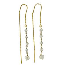 Simplicity and elegant thread-thru earring gets a touch of classic style with the pearls. These lightweight earrings freshwater pearls on an 18k gold plated sterling silver chain. Delicate Gold Pearl Threader Earrings, Classic Gold Linear Earrings With Pearl Chain, Gold Linear Pearl Chain Earrings As Gift, Gold Dangle Pearl Threader Earrings, Gold Pearl Dangle Threader Earrings, Classic Gold Threader Earrings With Pearl Drop, Delicate Gold Threader Earrings With Pearl Charm, Elegant Gold Threader Earrings With Adjustable Chain, Yellow Gold Threader Earrings With Pearl Drop