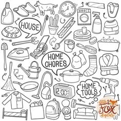 a black and white drawing of home chores items on a white background with the words