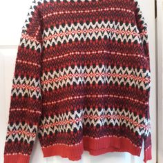 Chaps Size Xl New W/Tag $69 Red Fair Isle Pullover Jumper Sweater In Red, Black & White Drop Shoulders, Mock Turtle Neck, 48% Acrylic, 27% Nylon, 25% Wool Hand-Wash Cold. Measurements Bust - 48" Hips- 48" Pit To Hem 15" Pit To Cuff 18.5" Shoulders - 24.5" Total Length - 24" Red Sweater For Cold Weather, Casual Red Fair Isle Pattern Tops, Casual Holiday Sweater With Fair Isle Pattern, Casual Red Sweater For Cold Weather, Cozy Red Holiday Tops, Cozy Red Winter Tops, Red Fair Isle Pattern Crew Neck Top, Red Fair Isle Crew Neck Top, Fair Isle Pullover