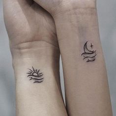 two wrist tattoos with the sun and moon on each one arm, both in black ink