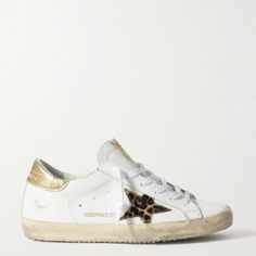 Superstar Distressed Leopard-Print Calf Hair-Trimmed Leather Sneakers - White Golden Goose Platform, Women’s Shoes, White Golden Goose, Shoes Golden Goose, Preppy Shoes, Sore Eyes, Shoe Wishlist, Goose Shoes, Golden Goose Sneakers