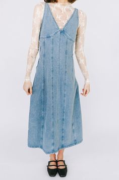 Expertly crafted with a light wash and seam detailing, the Right Now Dress offers a versatile and chic addition to your wardrobe. Sleeveless and with a v-neck design, this denim dress is perfect for any occasion. Elevate your style with this must-have piece. Details Denim fabrication Sleeveless V-neckline Seam detailing Midi-length Side zipper closure Sizing Approximate measurements: SIZE LENGTH BUST Small 49” 32” Medium 49” 34” Large 50” 36” Fabric has no stretch Model is 5’8” wearing small Material 90% Cotton 10% Polyester Hand wash cold Do not bleachLine dryLow iron if needed 90s Denim Dress, Surf Dress, Dust Bunny, Fabric Sewing Patterns, Shall We Dance, Dance Dress, Denim Details, Overall Dress, Tee Dress