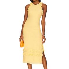 Lovers & Friends Tommy Midi Dress In Lemon Yellow With Ruffle Trim. Fully Lined Yellow Lining. Back Tie, One Button And Hidden Zipper Closure. Gauze-Like Fabricb. Sides Slit . Nwot Measurements Approximate Armpit To Armpit 18.5" Top To Bottom 50" Waist 15.5" Hips 20" Hand Was Cold. Self 99% Polyester, 1% Elastane. Lining 100% Rayon. Lemon Yellow Color, Los Angeles Lifestyle, Friends Dresses, Lemon Yellow, Lovers And Friends, Ruffle Trim, Price Match, Favorite Color, High Neck Dress