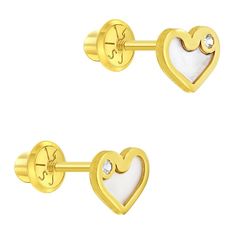 Delicate and classic, these elegant heart earrings are ideal for young girls and pre-teens. The heart is cleverly designed in 14k gold with a natural mother of pearl inlay and quality accent cubic zirconia stone. These 14k gold earrings for girls and teens are safe for children with sensitive ears. They feature a unique threaded post and earring back to help ensure your little girl's earrings will stay safely and comfortably in place at all times. Giving these fashionable screw back earrings as White 14k Gold Earrings For Valentine's Day, 14k Gold White Heart Earrings For Gift, White 14k Gold Heart Earrings Gift, Elegant White 14k Gold Heart Earrings, Pearl Gifts, Mother Of Pearl Inlay, Earrings For Girls, Hearts Girl, Pearl Inlay