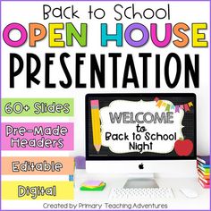 back to school open house presentation for students with colorful background and text on the front